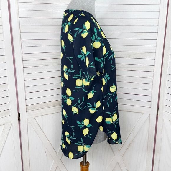 Banana Republic Lemons Print Short Sleeve Chiffon Popover Blouse Shirt Blue XS - Picture 3 of 12